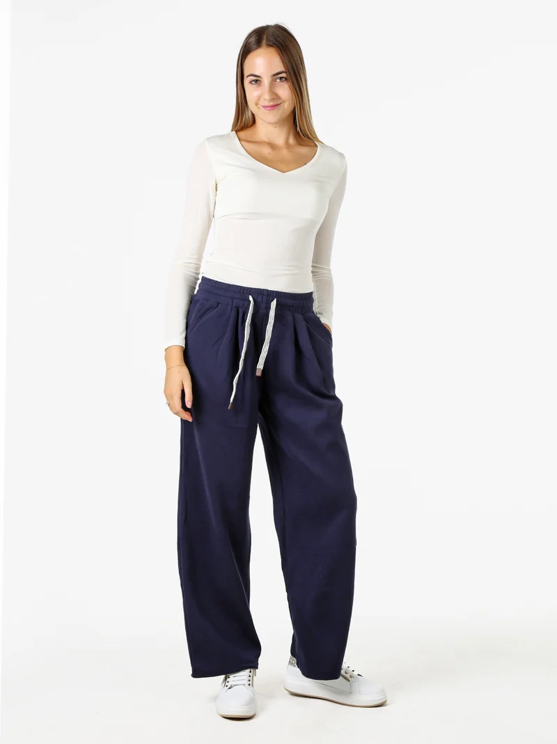 Pantaloni donna in felpa a gamba larga con coulisse - blu scuro