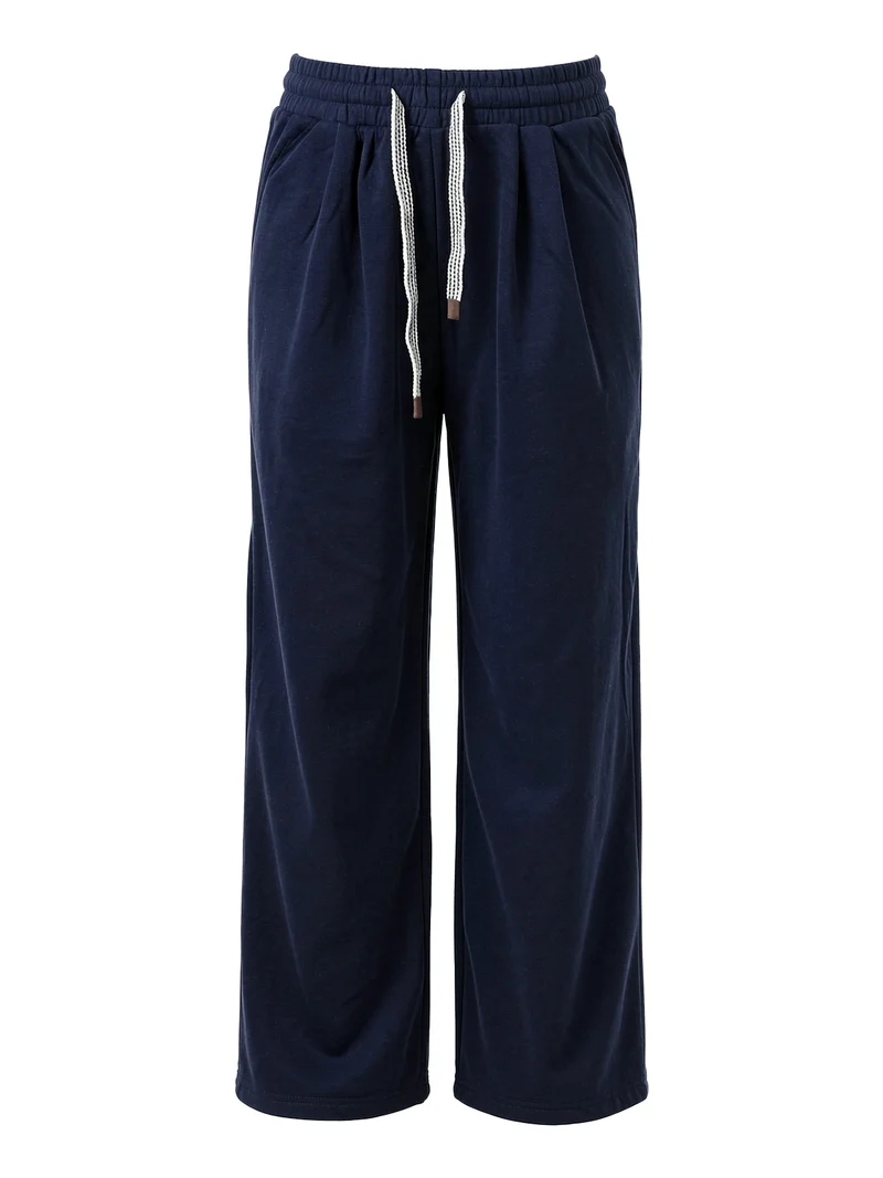 Pantaloni donna in felpa a gamba larga con coulisse - blu scuro