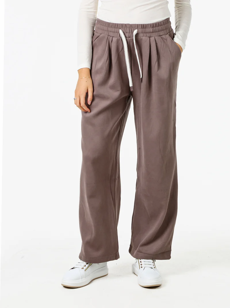 Pantaloni donna in felpa a gamba larga con coulisse - taupe