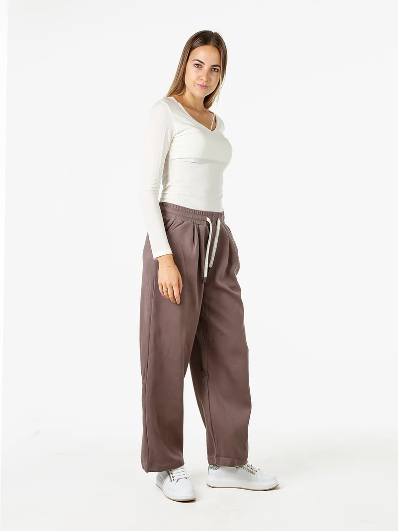 Pantaloni donna in felpa a gamba larga con coulisse - taupe