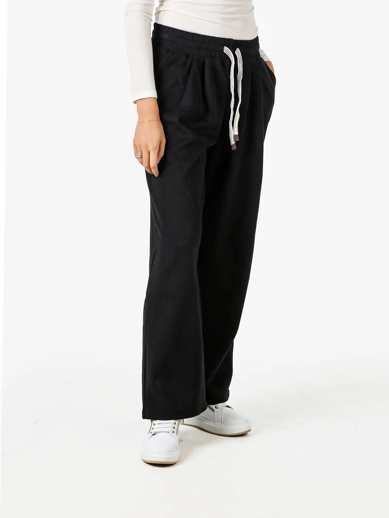 Pantaloni donna in felpa a gamba larga con coulisse - nero