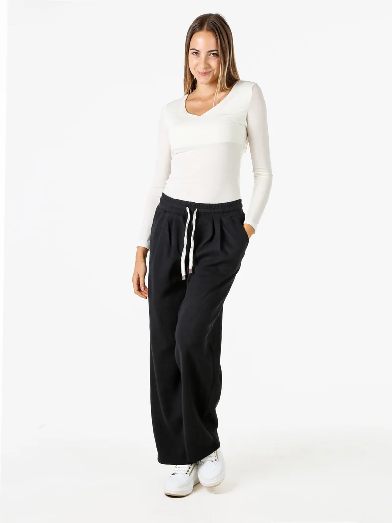 Pantaloni donna in felpa a gamba larga con coulisse - nero