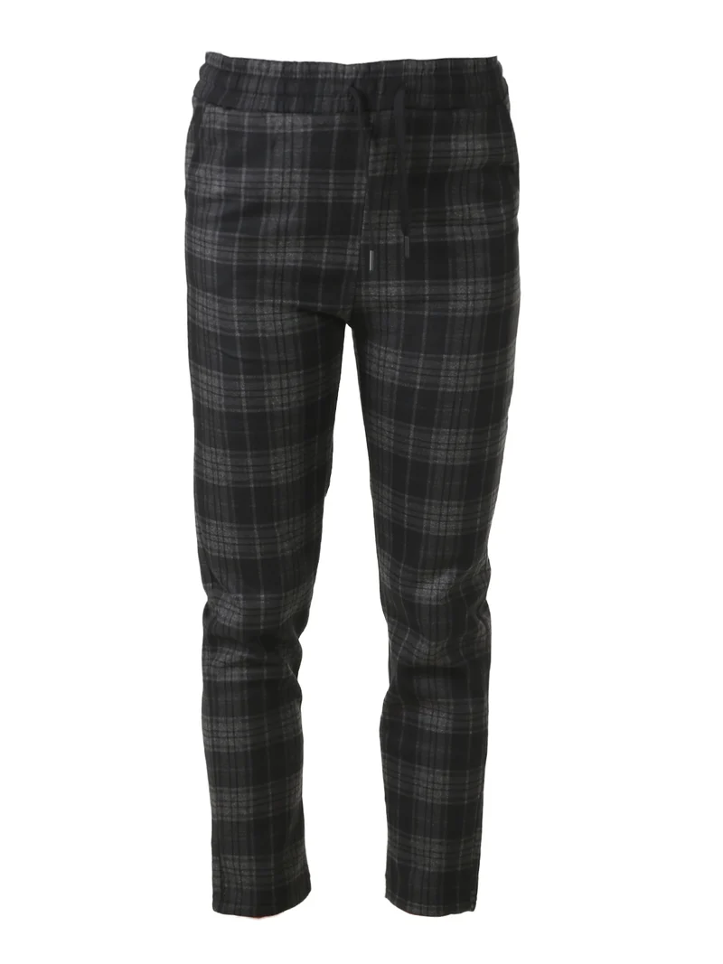 Pantaloni donna felpati con stampa a quadri e coulisse - nero