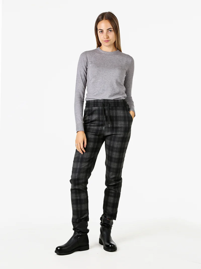 Pantaloni donna felpati con stampa a quadri e coulisse - nero