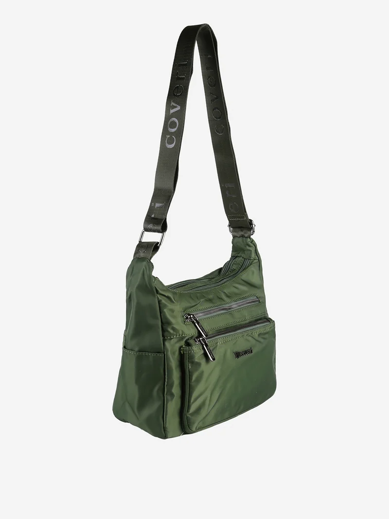 Borsa a tracolla da donna multitasche in tessuto nylon - verde scuro