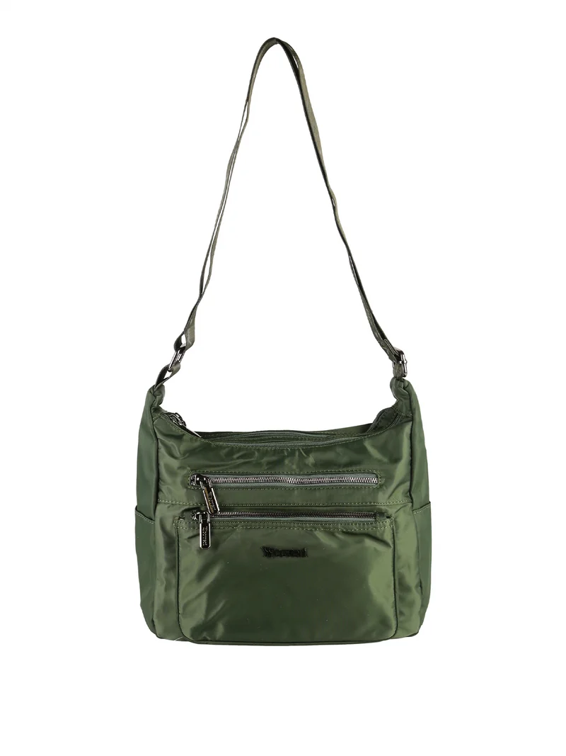 Borsa a tracolla da donna multitasche in tessuto nylon - verde scuro