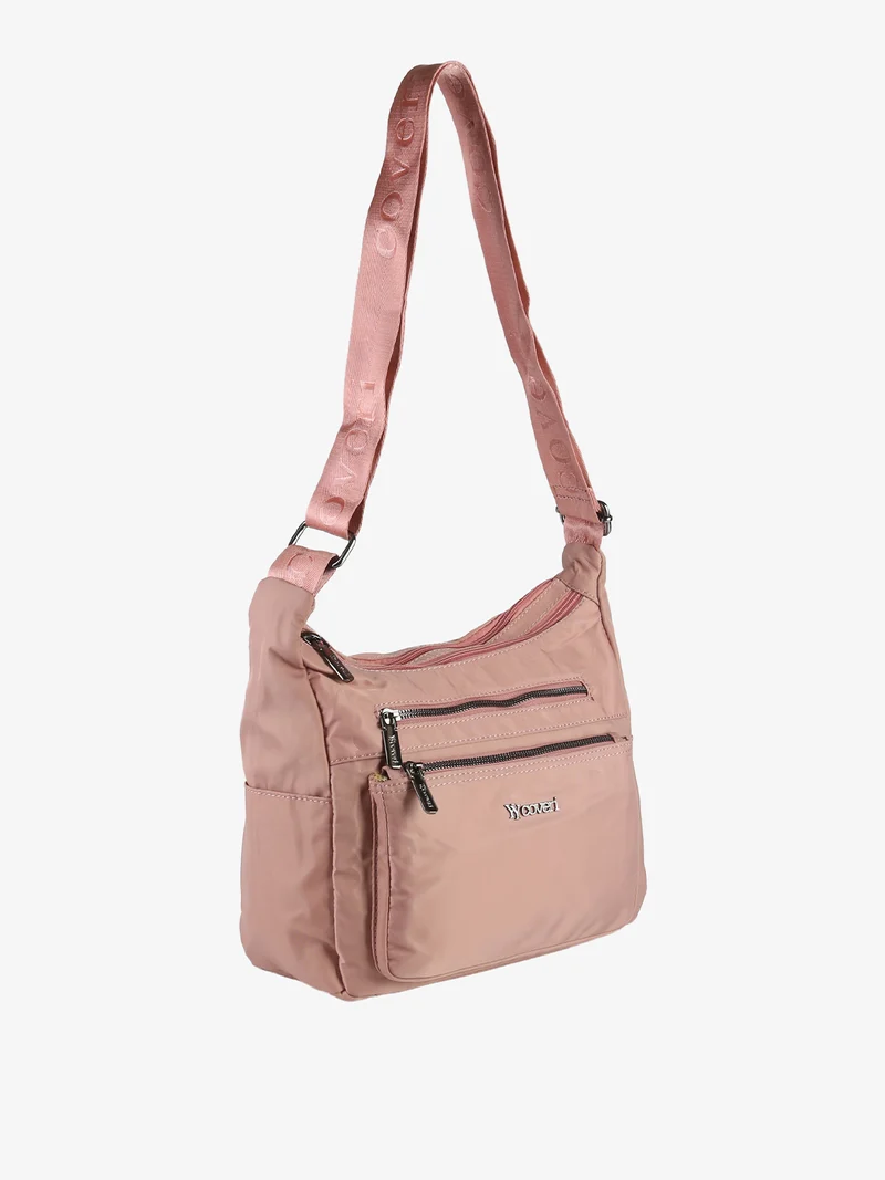 Borsa a tracolla da donna multitasche in tessuto nylon - rosa