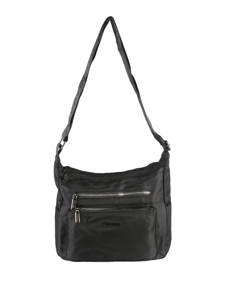 Borsa a tracolla da donna multitasche in tessuto nylon - nero