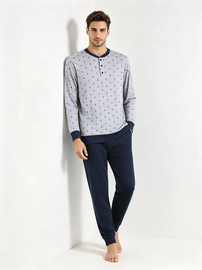 Pigiama lungo da uomo in cotone con stampe disegni - grigio