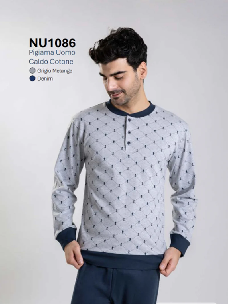 Pigiama lungo da uomo in cotone con stampe disegni - grigio