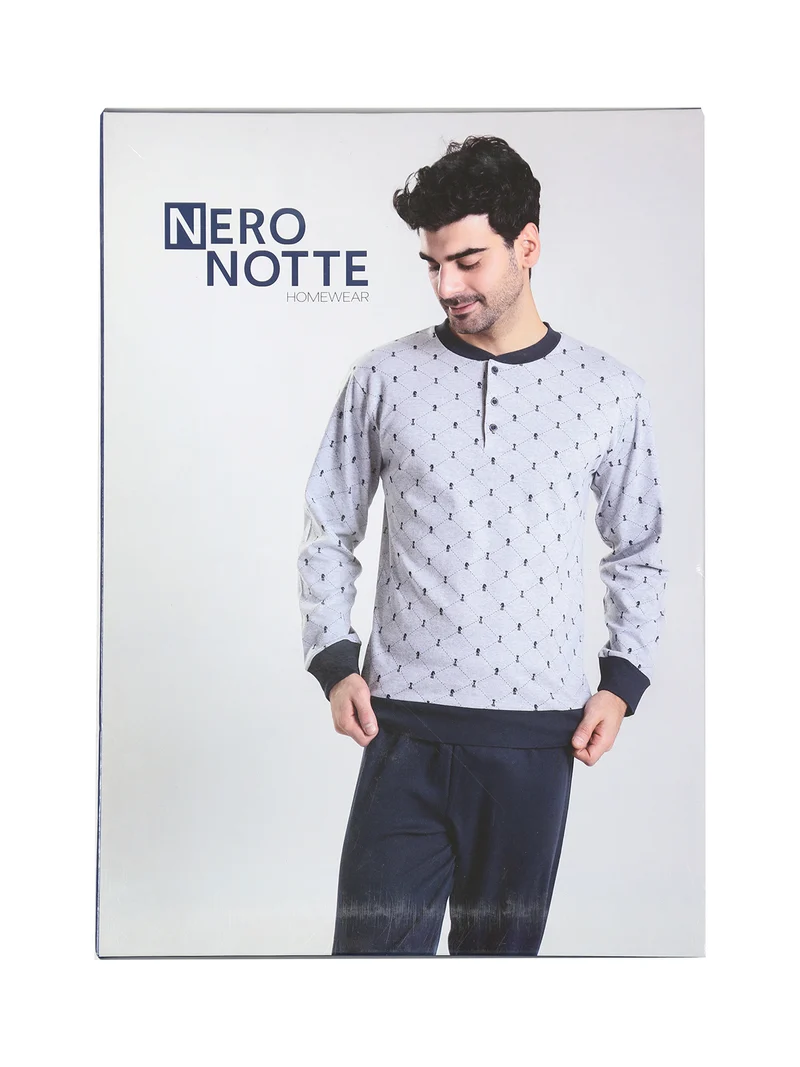 Pigiama lungo da uomo in cotone con stampe disegni - grigio
