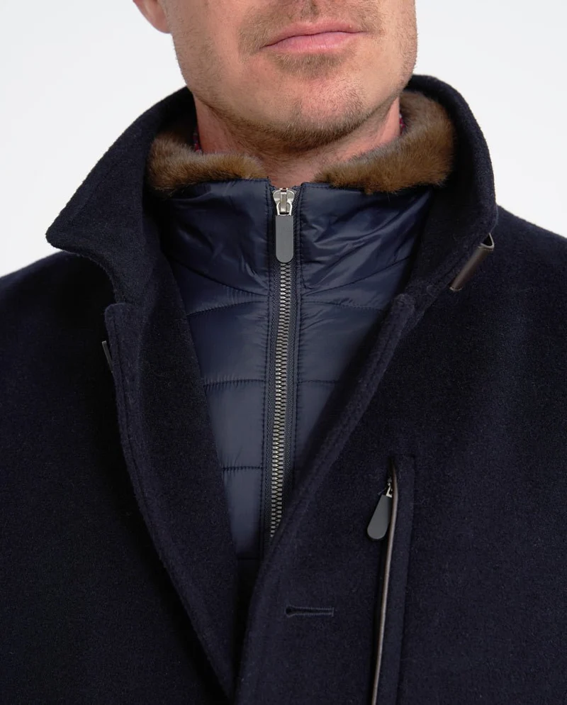 Herrenmantel "Lucas" mit Westeneinsatz in navy aus Woll-Kaschmirmix