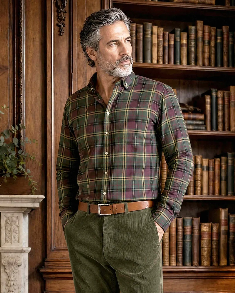 Herrenhemd "Steward" mit Button-Down-Kragen – oliv plum check