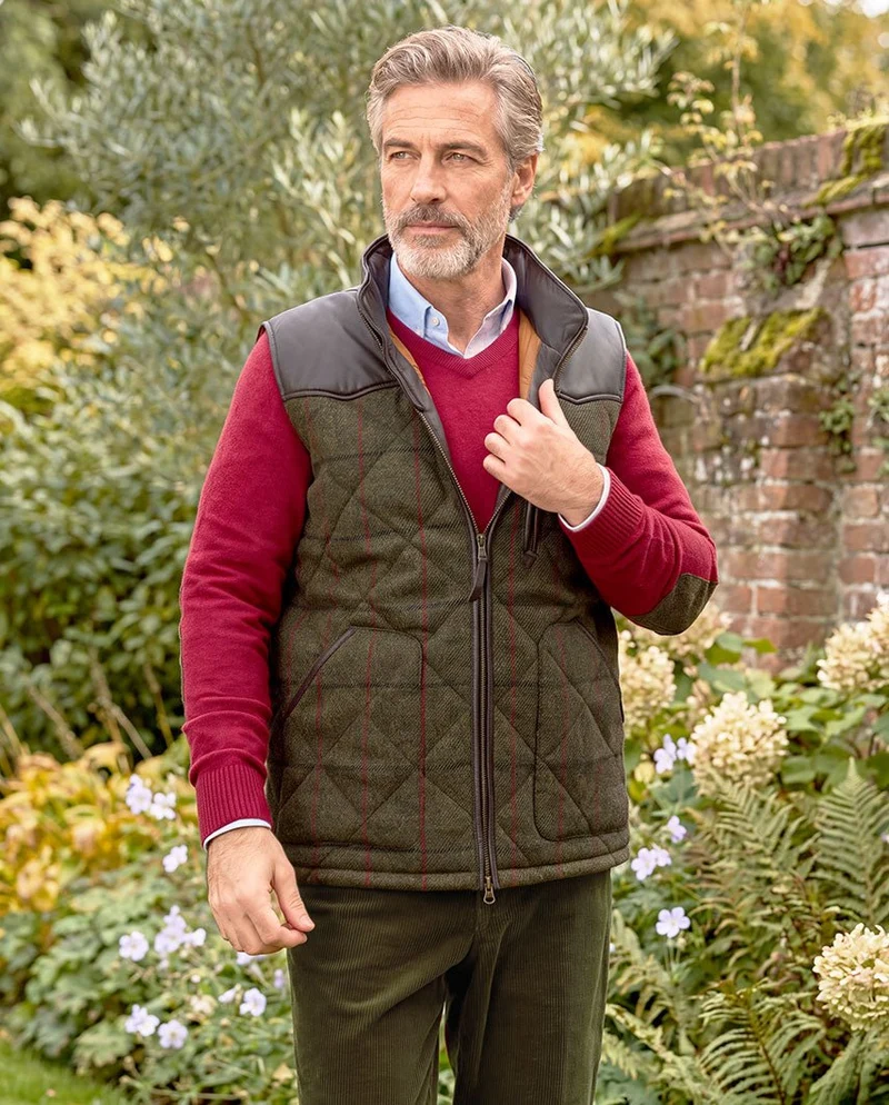 Harris Tweed Steppweste Herren – Levi Vest in green Overcheck