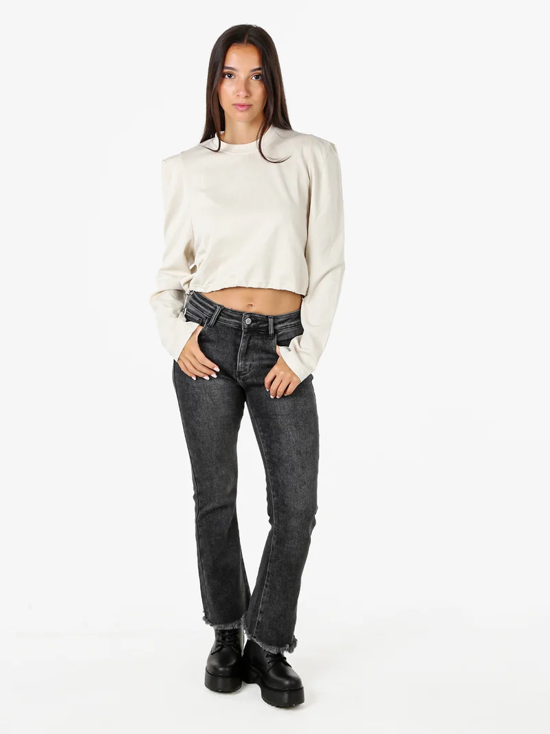 T-shirt donna cropped con maniche lunghe a sbuffo - beige