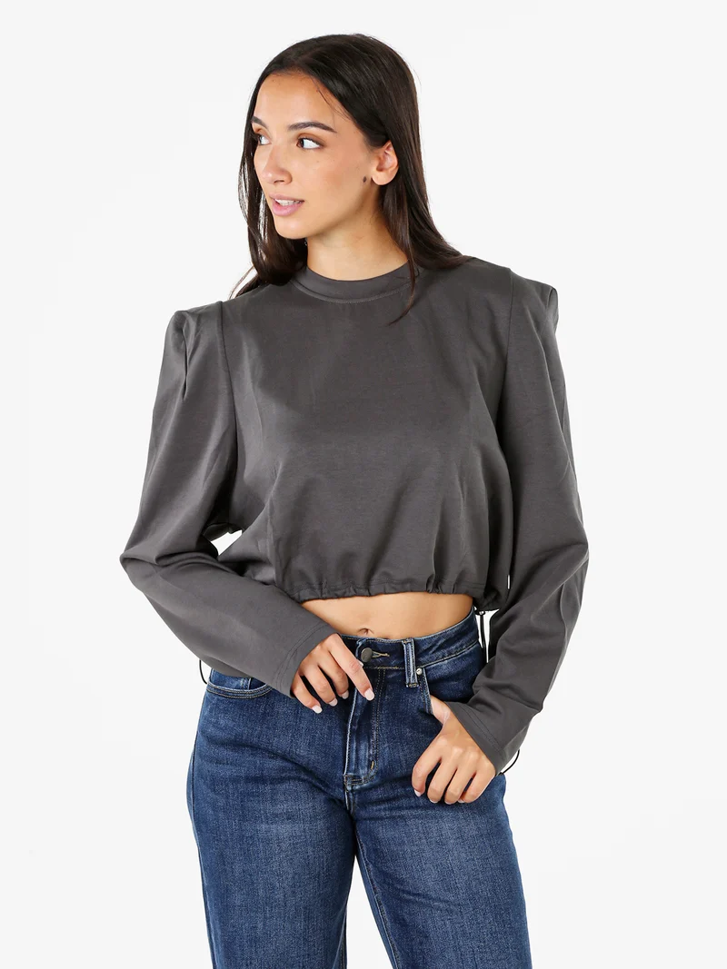 T-shirt donna cropped con maniche lunghe a sbuffo - grigio