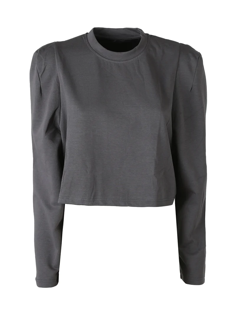 T-shirt donna cropped con maniche lunghe a sbuffo - grigio