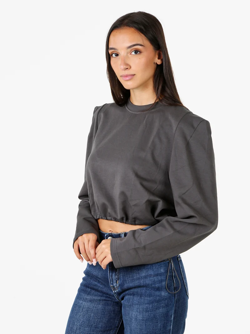 T-shirt donna cropped con maniche lunghe a sbuffo - grigio