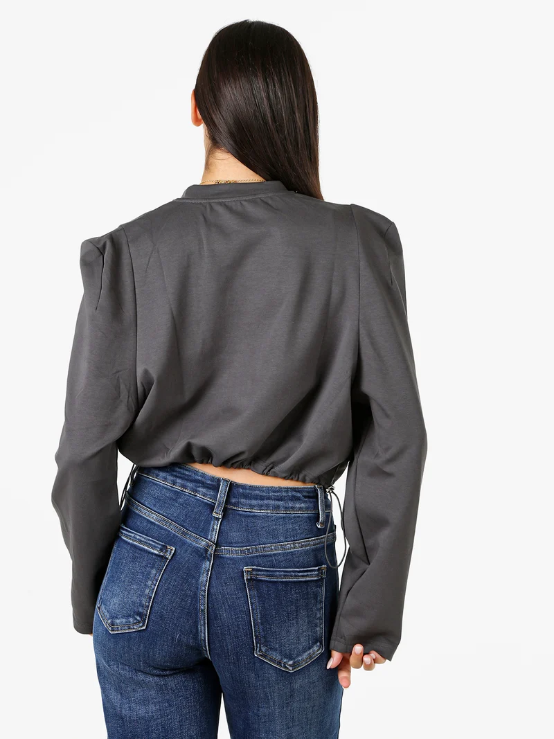 T-shirt donna cropped con maniche lunghe a sbuffo - grigio