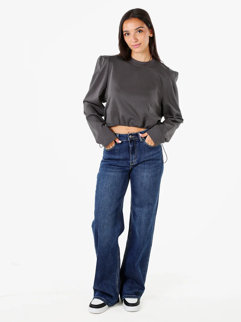T-shirt donna cropped con maniche lunghe a sbuffo - grigio