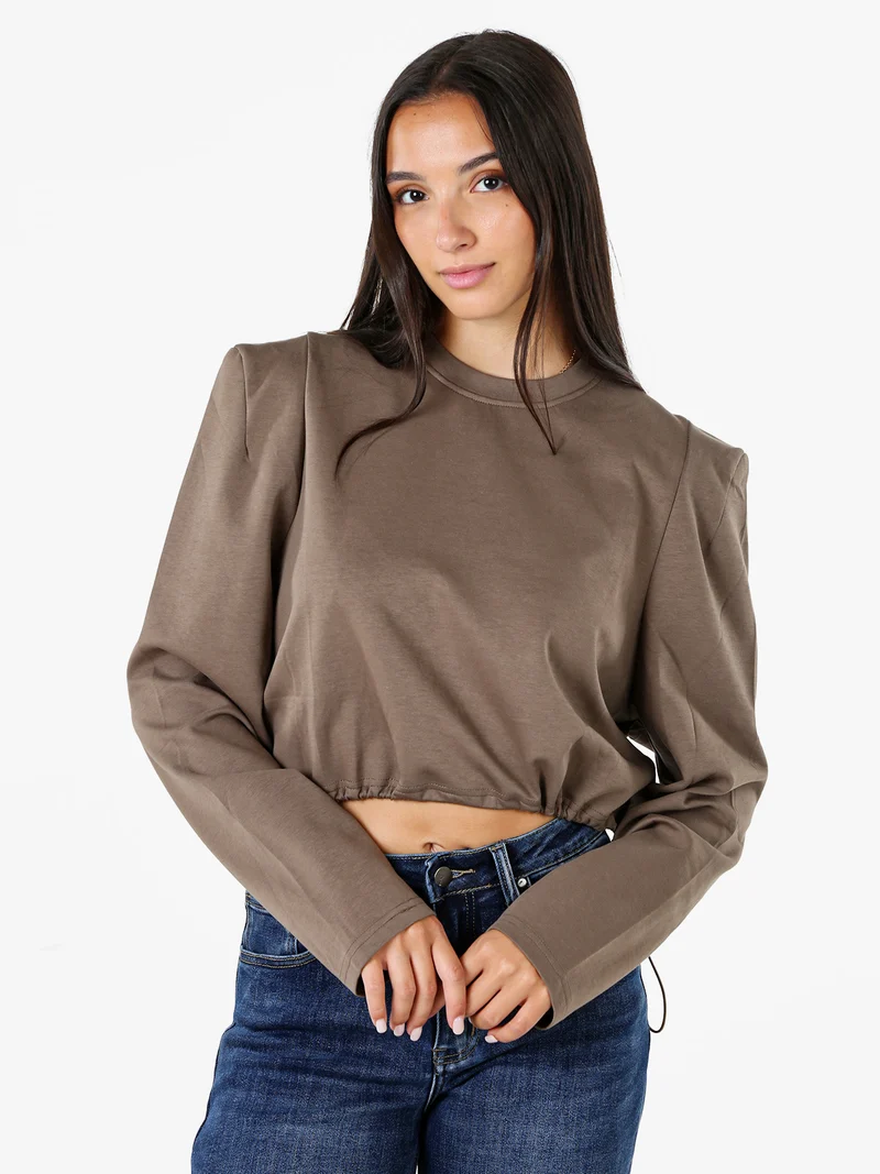 T-shirt donna cropped con maniche lunghe a sbuffo - marrone