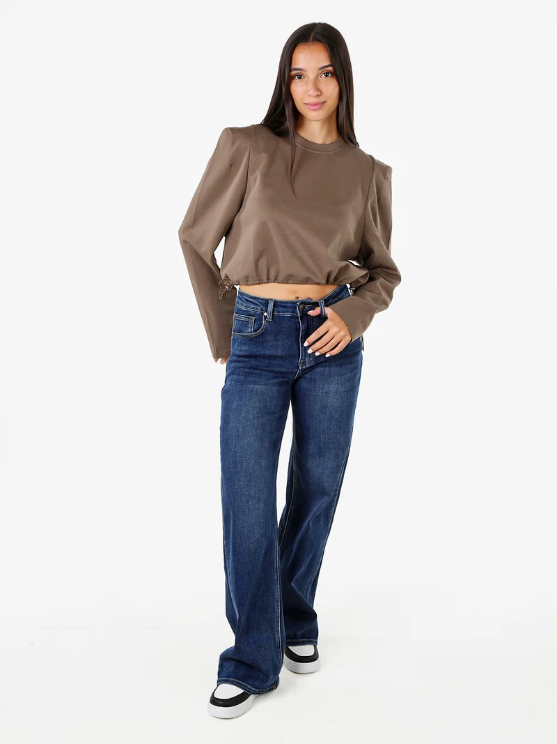 T-shirt donna cropped con maniche lunghe a sbuffo - marrone