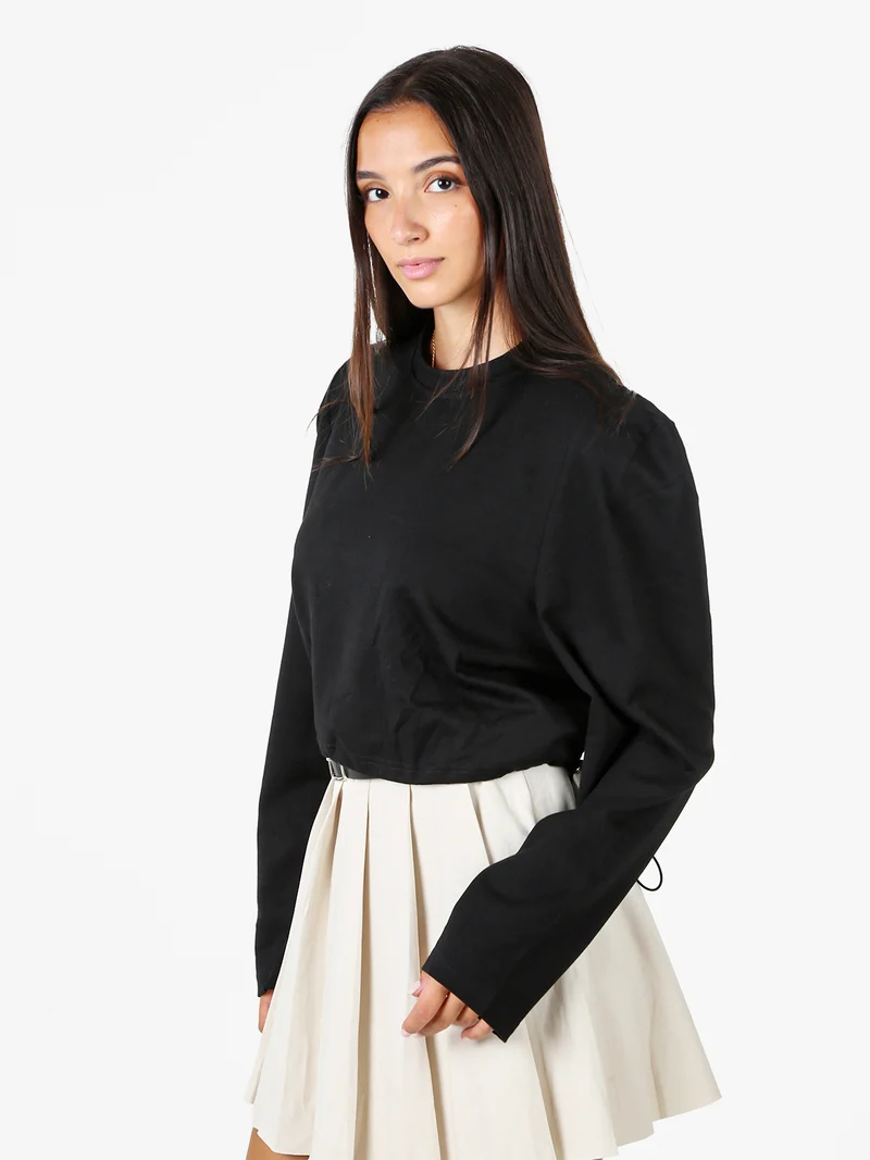 T-shirt donna cropped con maniche lunghe a sbuffo - nero