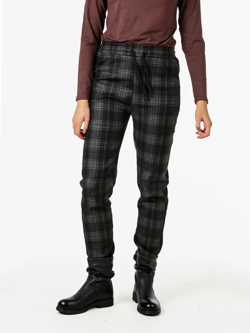 Pantaloni donna felpati con stampa a quadri e coulisse - moro