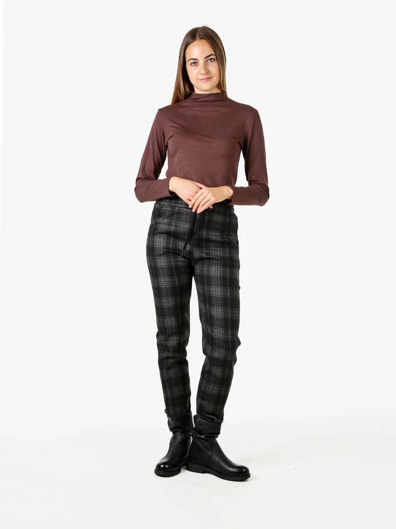 Pantaloni donna felpati con stampa a quadri e coulisse - moro