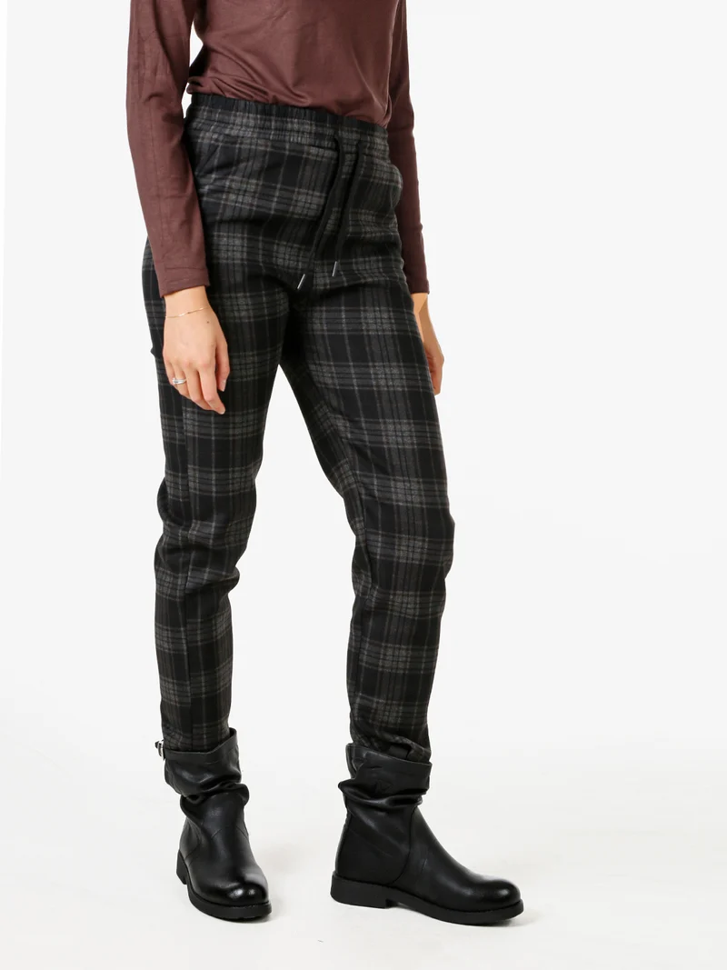 Pantaloni donna felpati con stampa a quadri e coulisse - moro
