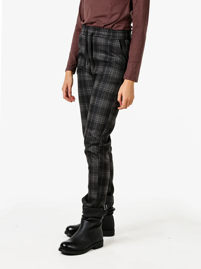 Pantaloni donna felpati con stampa a quadri e coulisse - moro