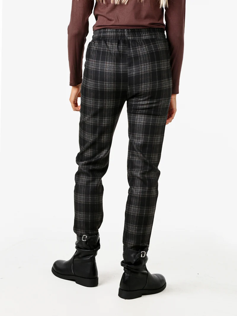 Pantaloni donna felpati con stampa a quadri e coulisse - moro