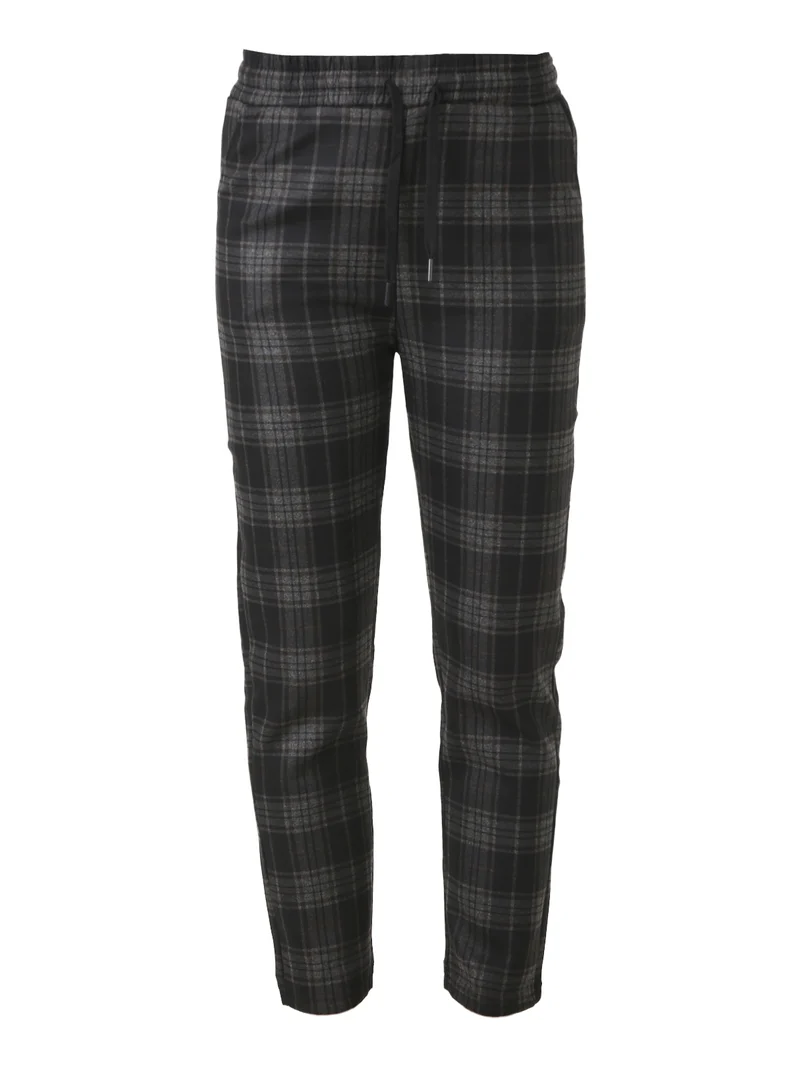 Pantaloni donna felpati con stampa a quadri e coulisse - moro