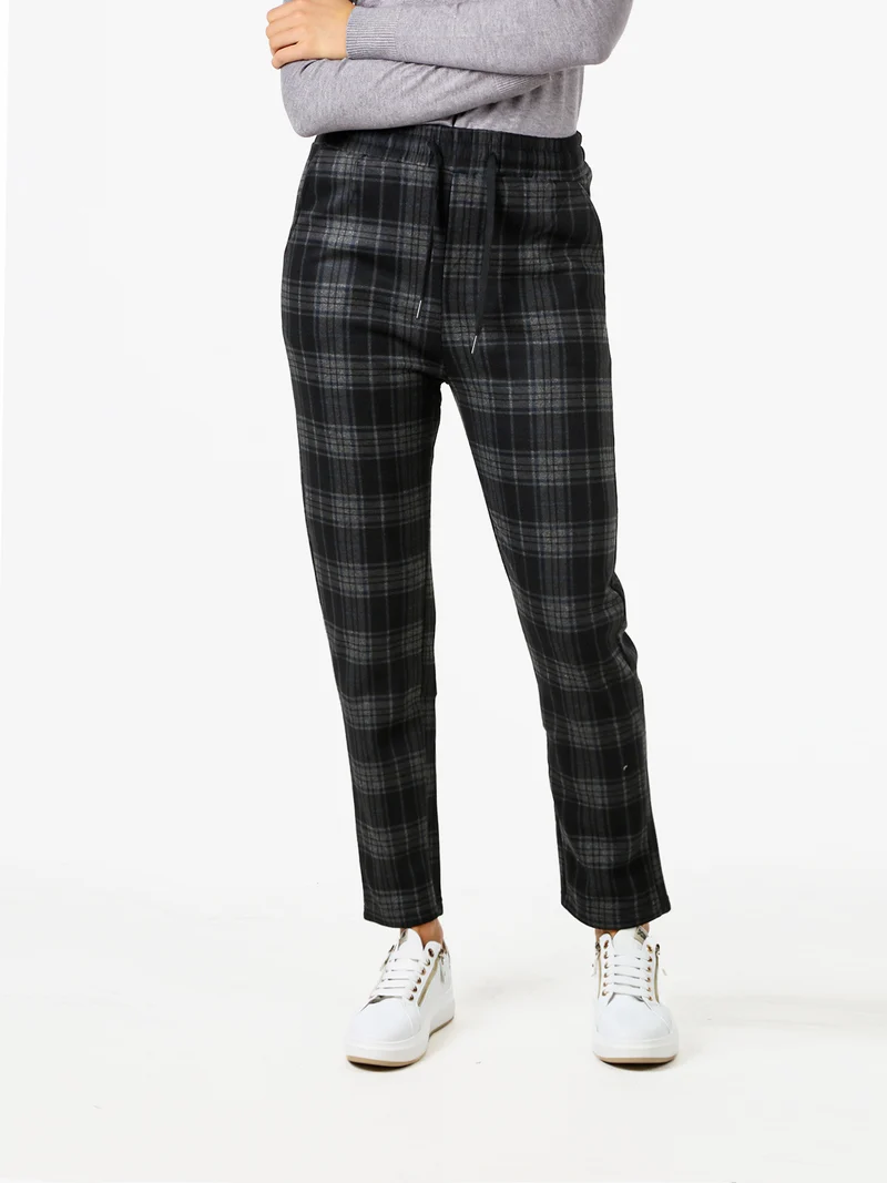 Pantaloni donna felpati con stampa a quadri e coulisse - blu scuro