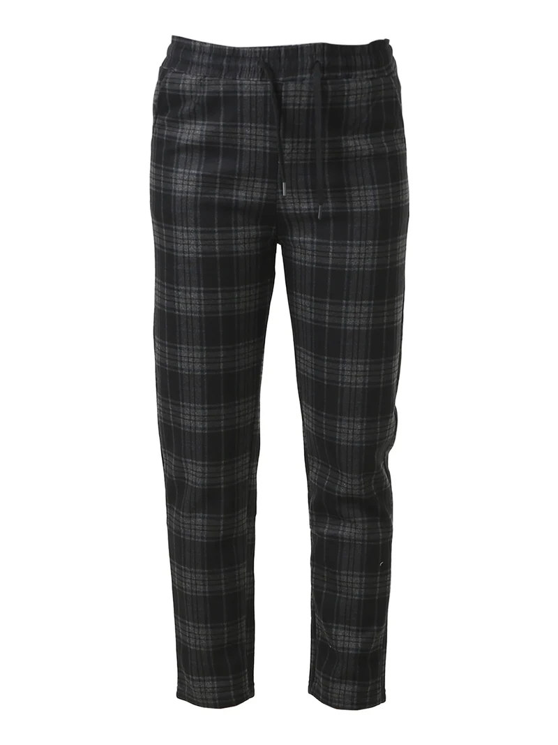Pantaloni donna felpati con stampa a quadri e coulisse - blu scuro