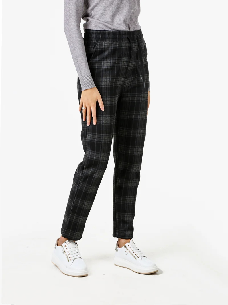 Pantaloni donna felpati con stampa a quadri e coulisse - blu scuro