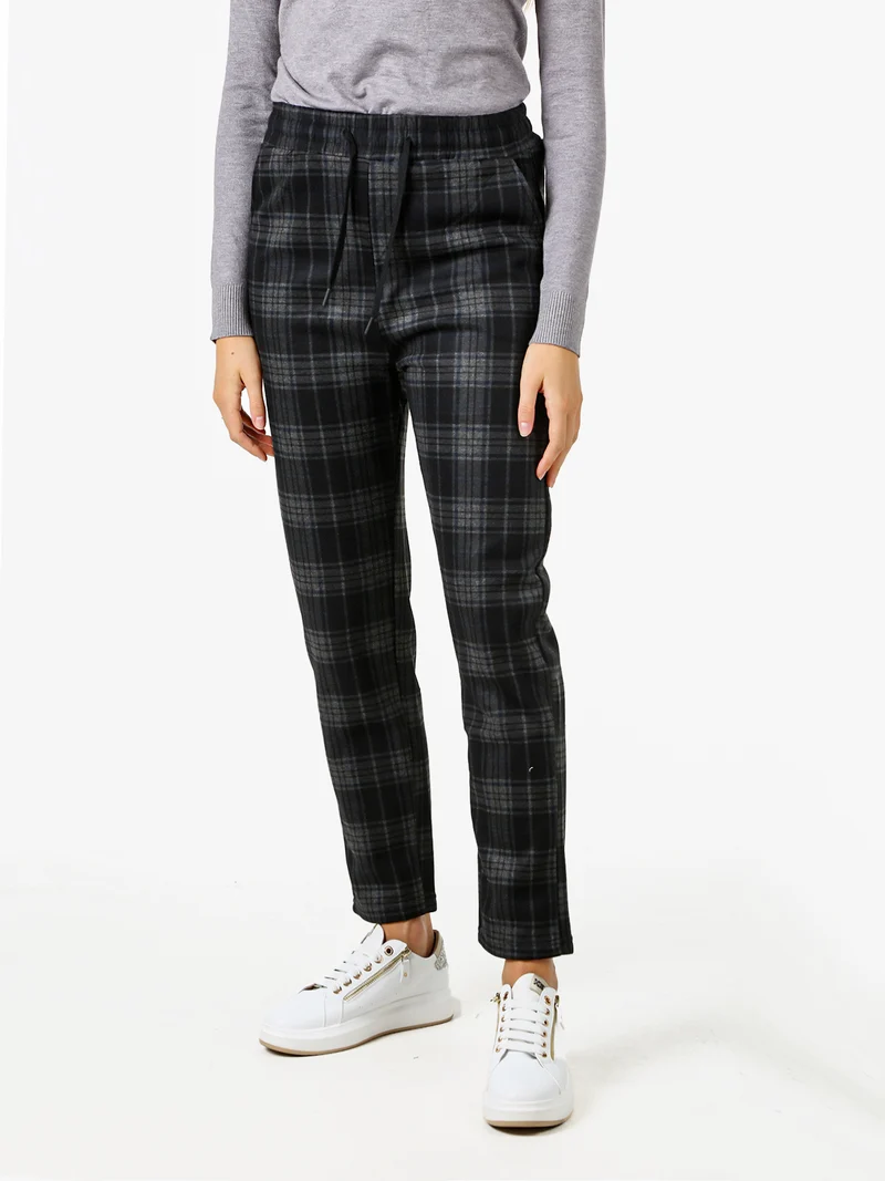 Pantaloni donna felpati con stampa a quadri e coulisse - blu scuro