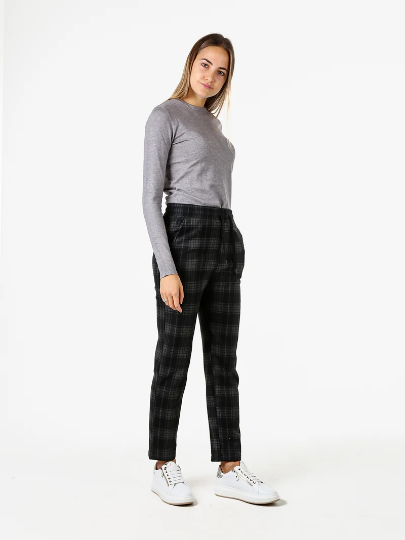 Pantaloni donna felpati con stampa a quadri e coulisse - blu scuro