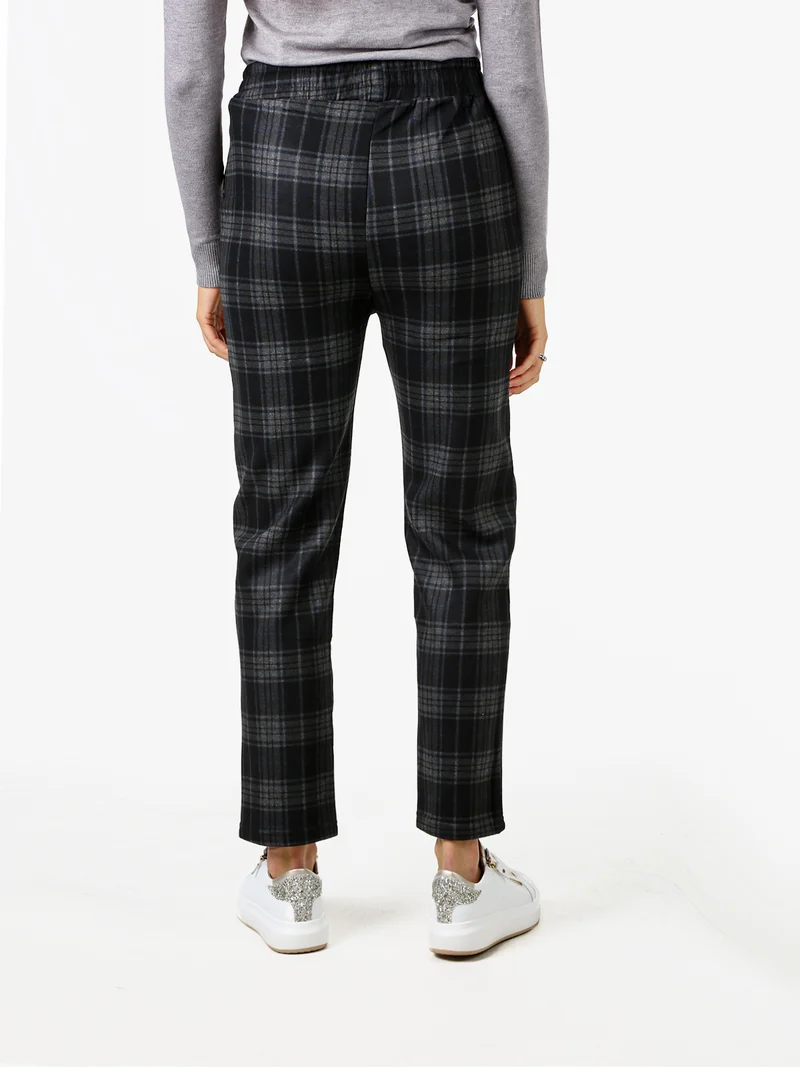 Pantaloni donna felpati con stampa a quadri e coulisse - blu scuro