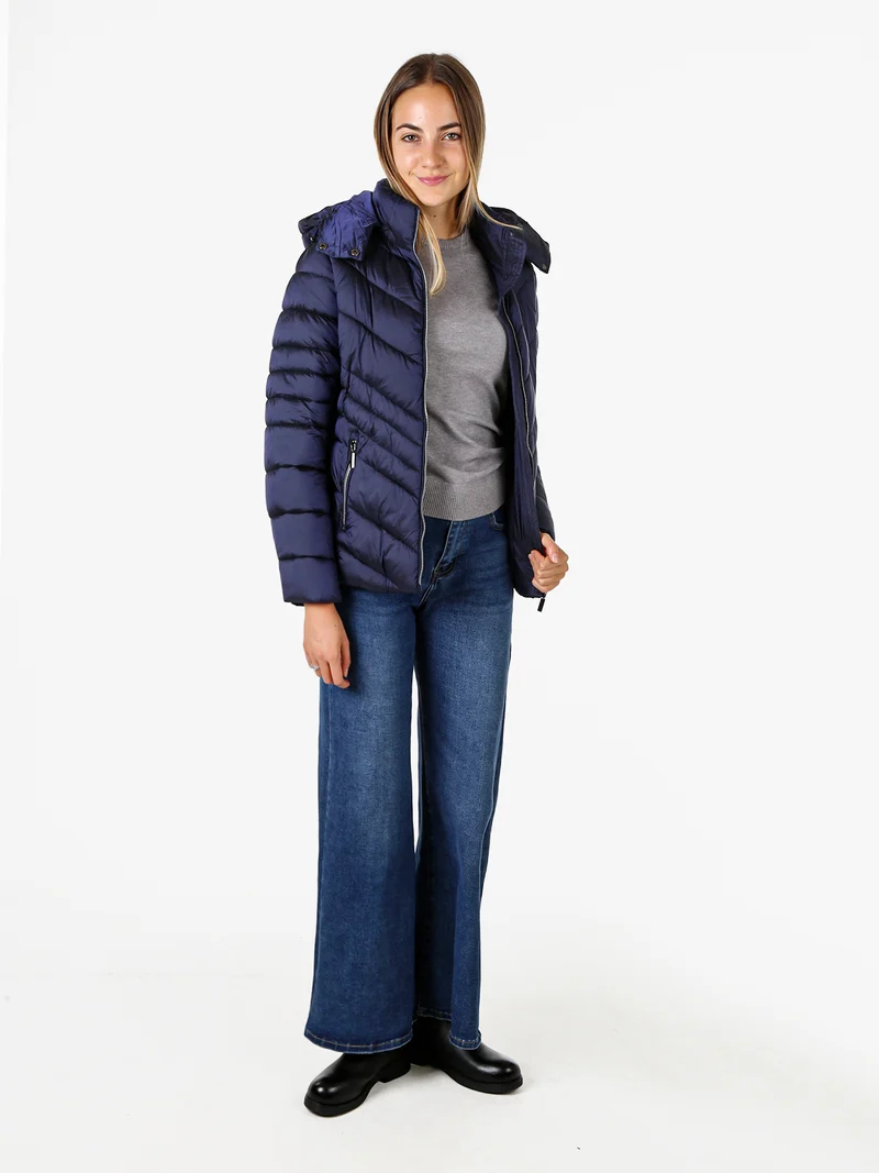 Giubbotto da donna imbottito con cappuccio e zip - blu scuro