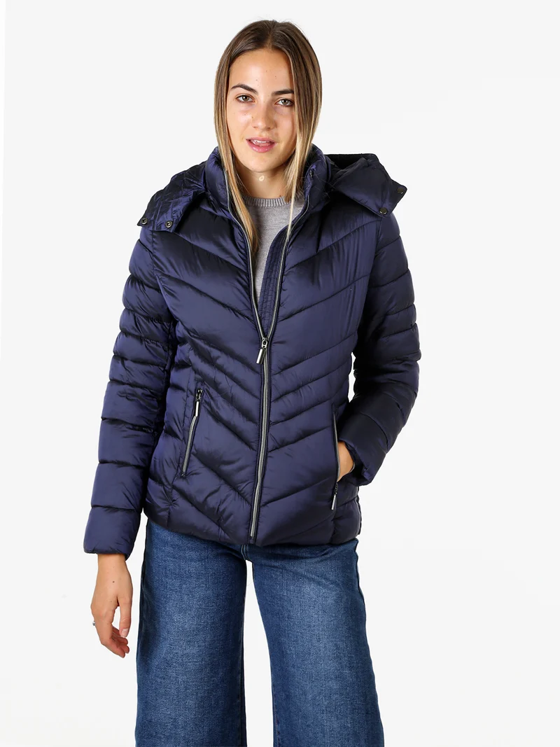 Giubbotto da donna imbottito con cappuccio e zip - blu scuro