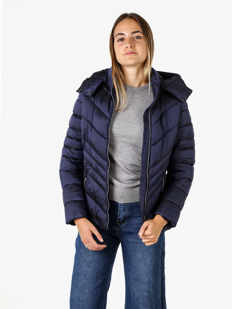 Giubbotto da donna imbottito con cappuccio e zip - blu scuro