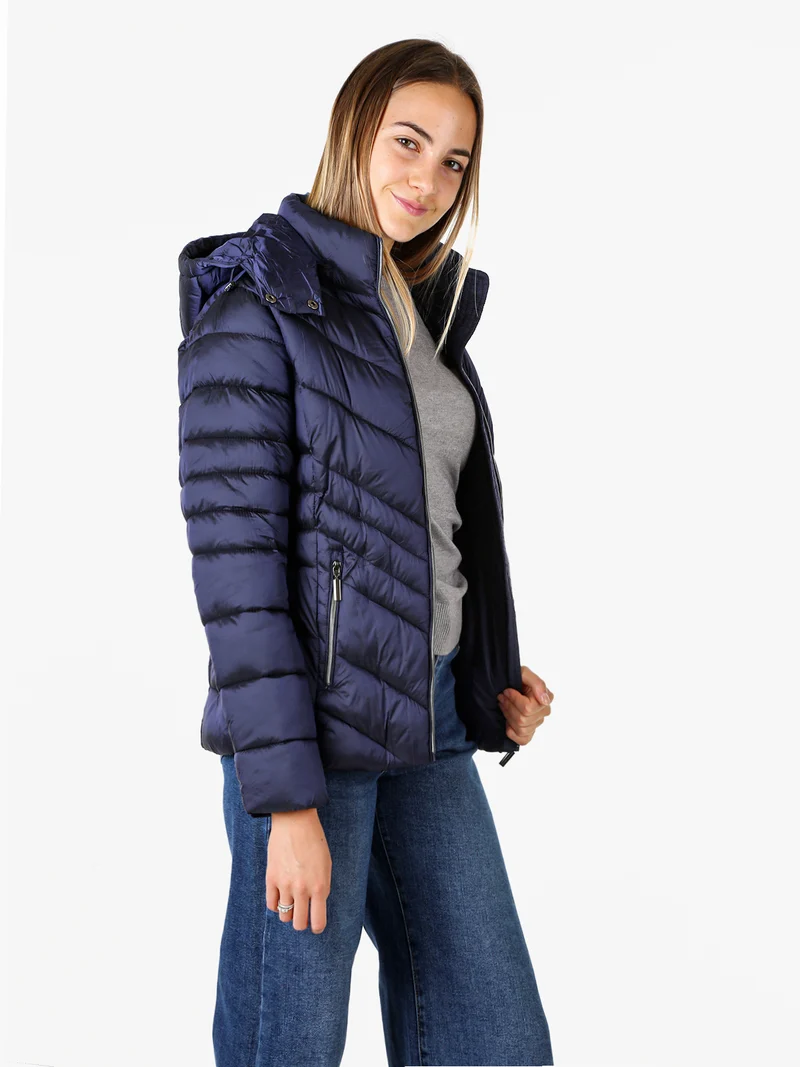 Giubbotto da donna imbottito con cappuccio e zip - blu scuro