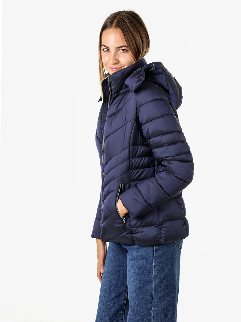 Giubbotto da donna imbottito con cappuccio e zip - blu scuro