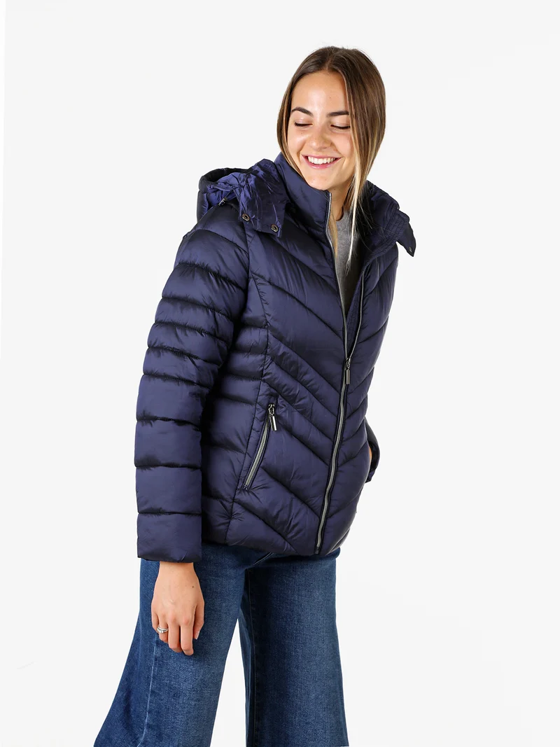 Giubbotto da donna imbottito con cappuccio e zip - blu scuro