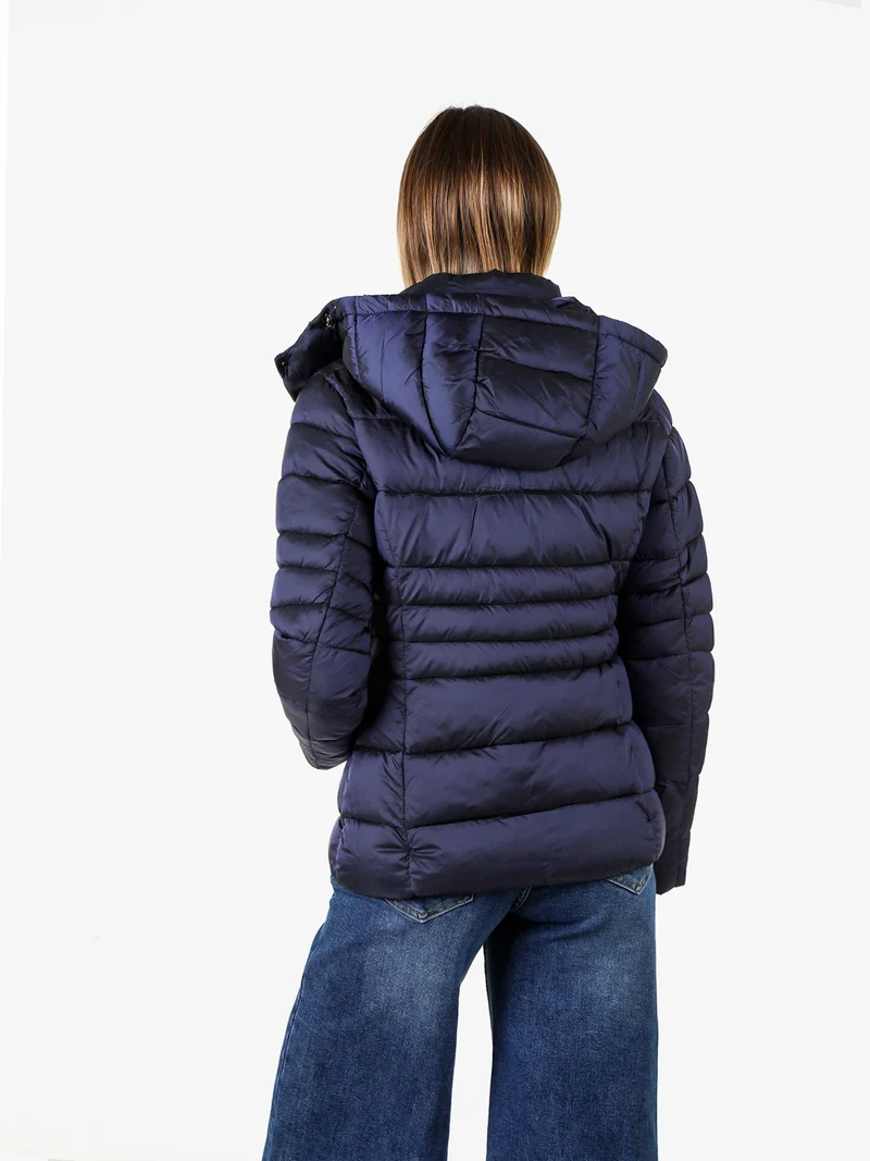 Giubbotto da donna imbottito con cappuccio e zip - blu scuro