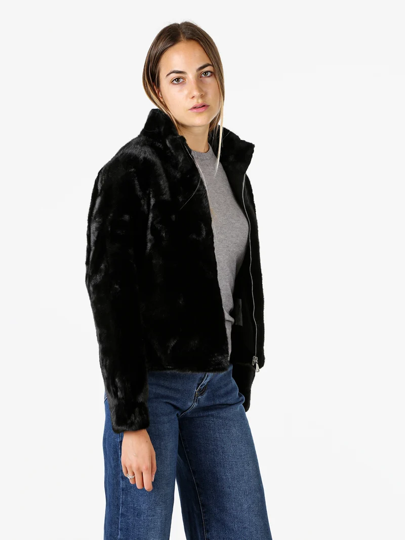 Cappotto corto da donna in ecopelliccia con cerniera - nero