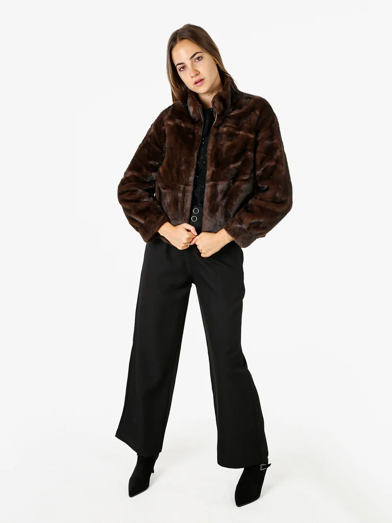 Cappotto corto da donna in ecopelliccia con cerniera - moro