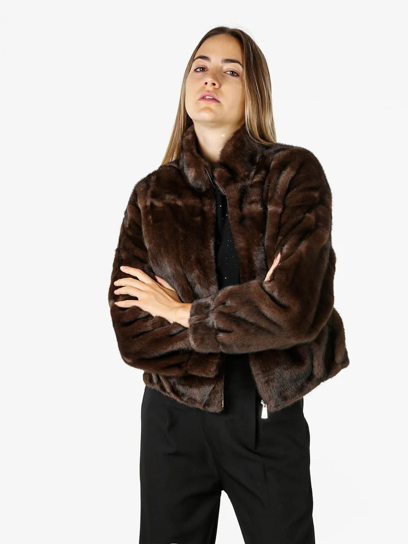 Cappotto corto da donna in ecopelliccia con cerniera - moro