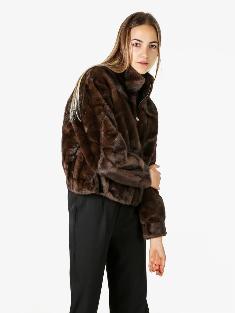 Cappotto corto da donna in ecopelliccia con cerniera - moro